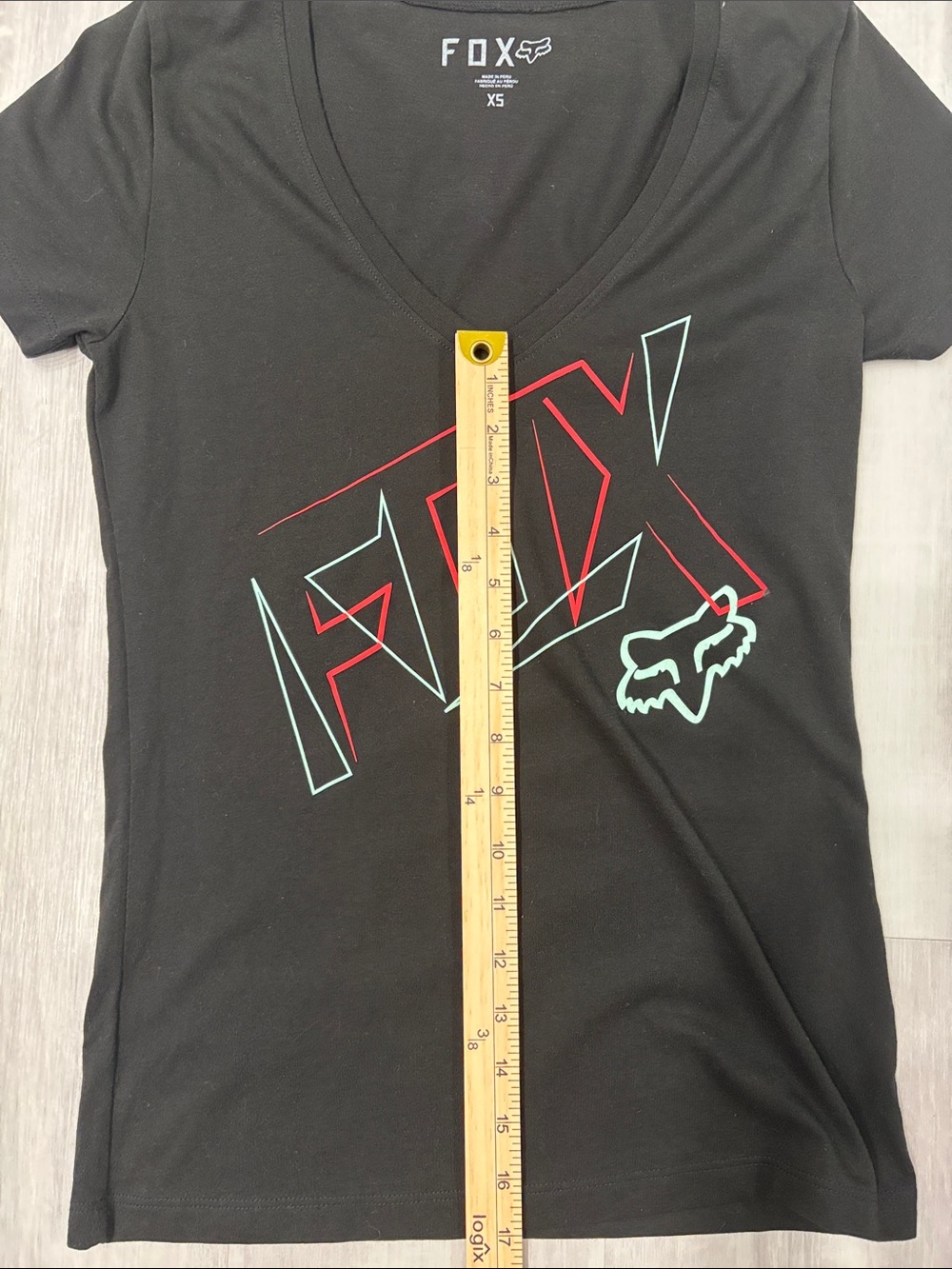 Fox Black V-Neck Tee with Mint Green & Red Graphic XSmall - Picture 3 of 7